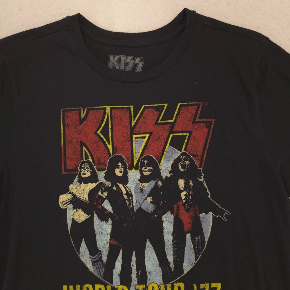 Kiss World Tour 77 Band Crew Neck T Shirt Mens Size Extra Large XL Black Yellow